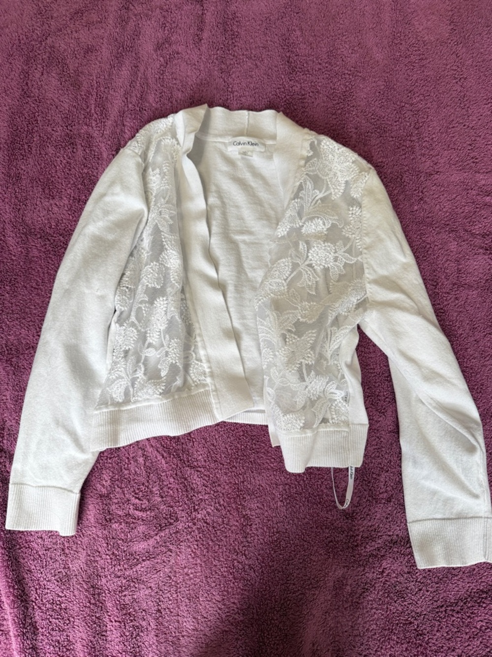 Calvin Klein Ivory Lace-Front Open Cardigan
